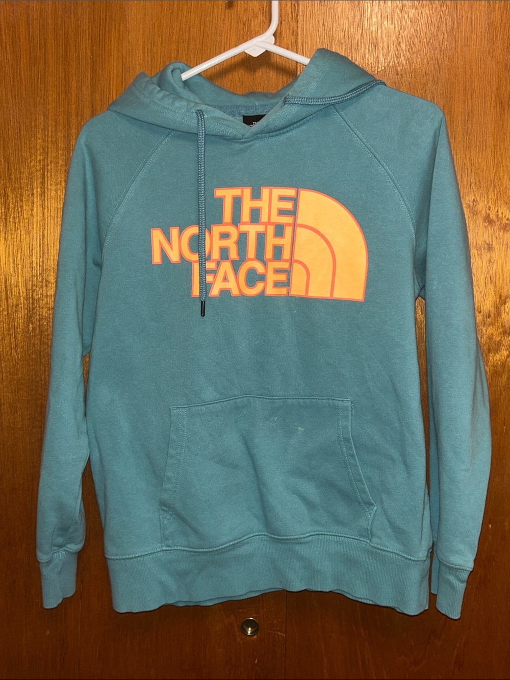 The North Face Teal Pullover Hoodie with Orange Logo